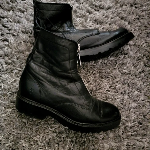 Frye Julie Combat Boots Womens Black Leather Front Zip Round Toe Block Heel - Picture 1 of 4